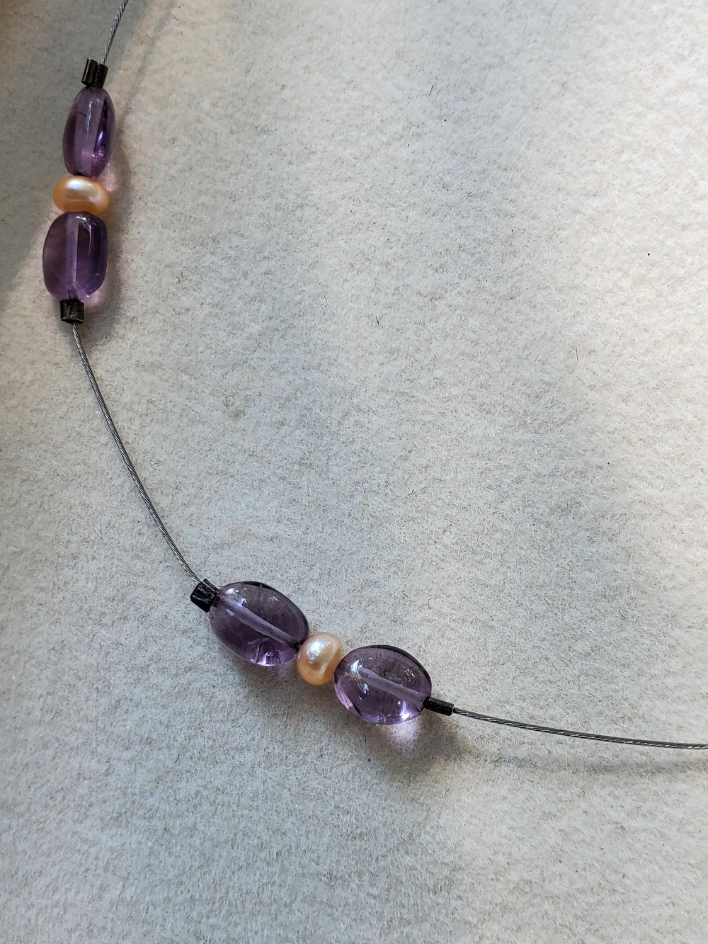 Sterling Silver Illusion Necklace with Freshwater Pearls & Purple Glass Beads - Picture 5 of 7